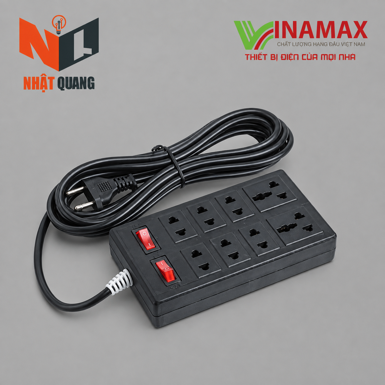 Ổ CẮM 8 LỖ ĐEN 2 CÔNG TẮC Đ825